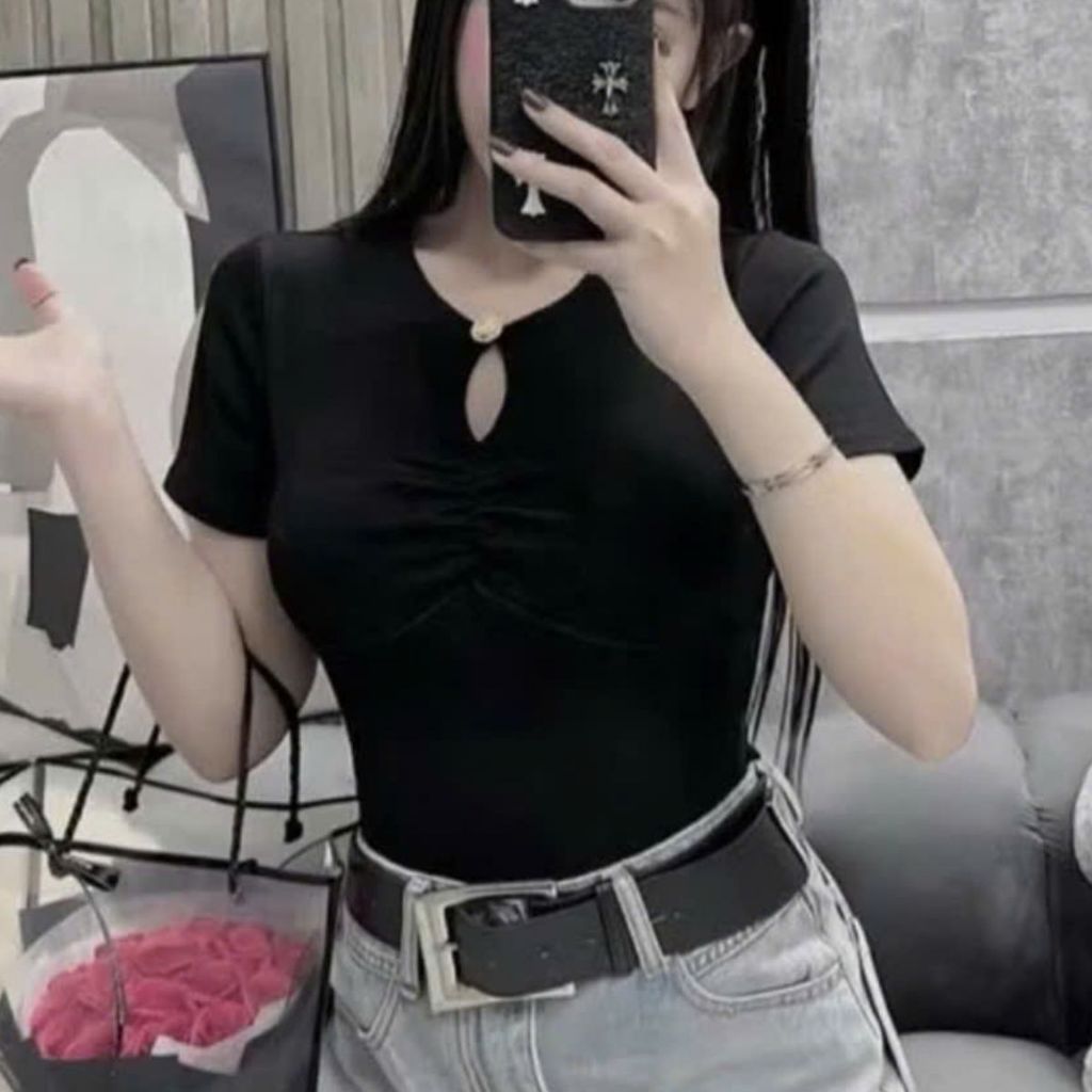 Áo thun nữ bigsize áo thun tay ngắn cổ tim ôm body đẹp dễ thương thun gân tăm co giãn ESHOP áo phong nữ MS377