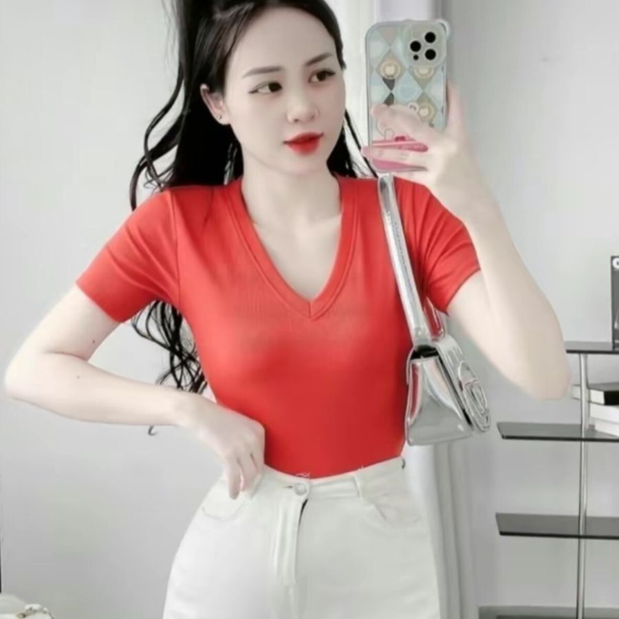 Áo thun nữ bigsize áo thun tay ngắn cổ tim ôm body đẹp dễ thương thun gân tăm co giãn ESHOP áo phong nữ MS377