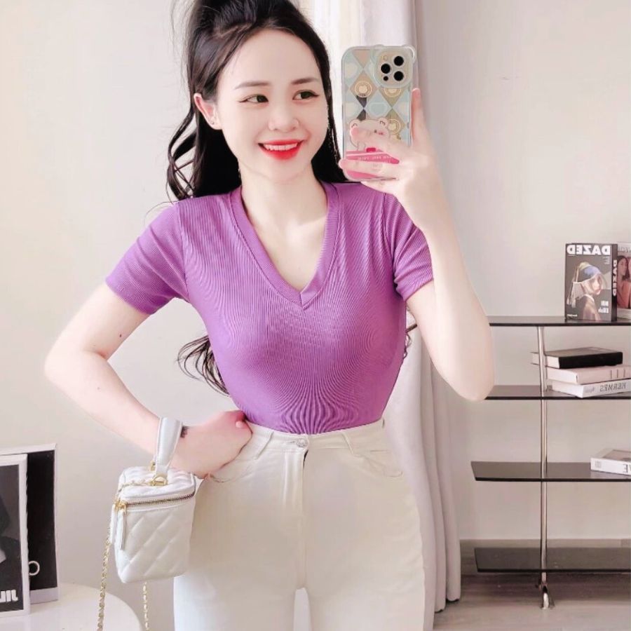 Áo thun nữ bigsize áo thun tay ngắn cổ tim ôm body đẹp dễ thương thun gân tăm co giãn ESHOP áo phong nữ MS377