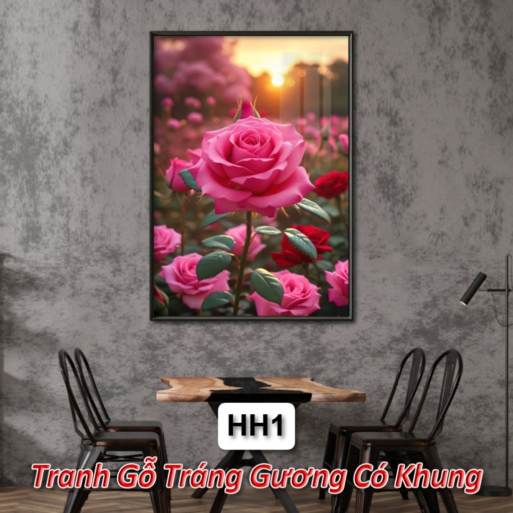 Tranh Hoa Hồng Tráng Gương Có Khung - Trang Gỗ Hoa Hoàng Trang Trí Nhà Hàng - Khách Sạn