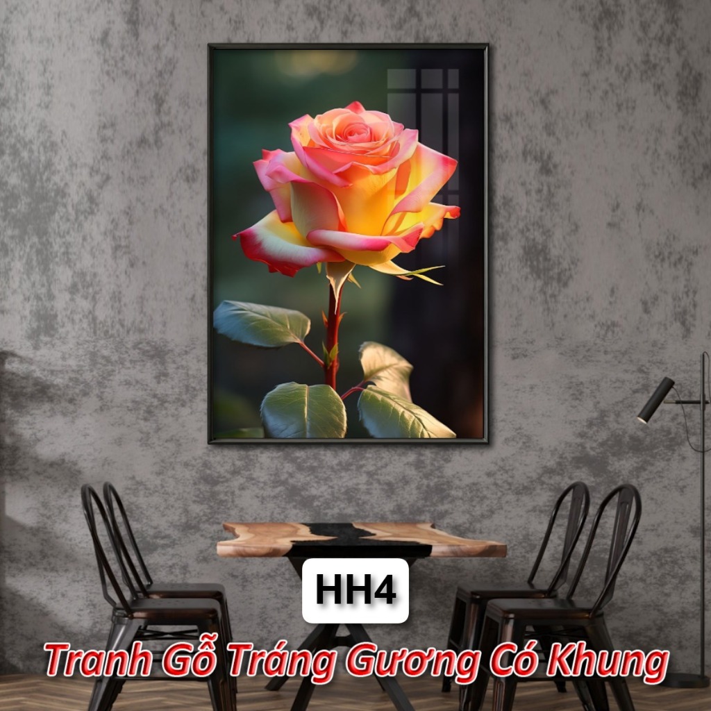 Tranh Hoa Hồng Tráng Gương Có Khung - Trang Gỗ Hoa Hoàng Trang Trí Nhà Hàng - Khách Sạn