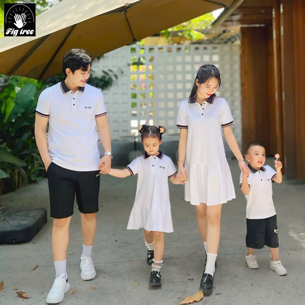 Combo Đồng Phục Gia Đình Fig Tree Áo Váy Thun Polo Cá Sấu Màu Trắng Du Lịch Siêu Dễ Thương