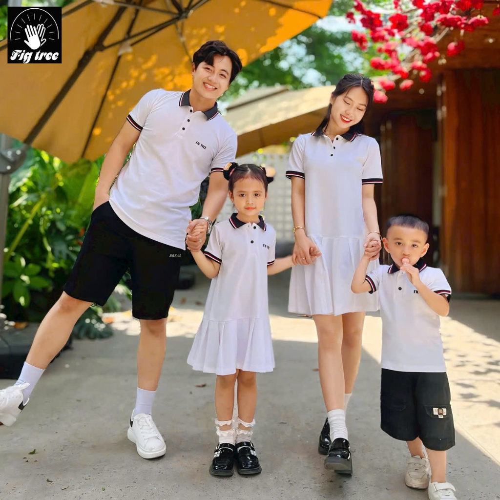 Combo Đồng Phục Gia Đình Fig Tree Áo Váy Thun Polo Cá Sấu Màu Trắng Du Lịch Siêu Dễ Thương