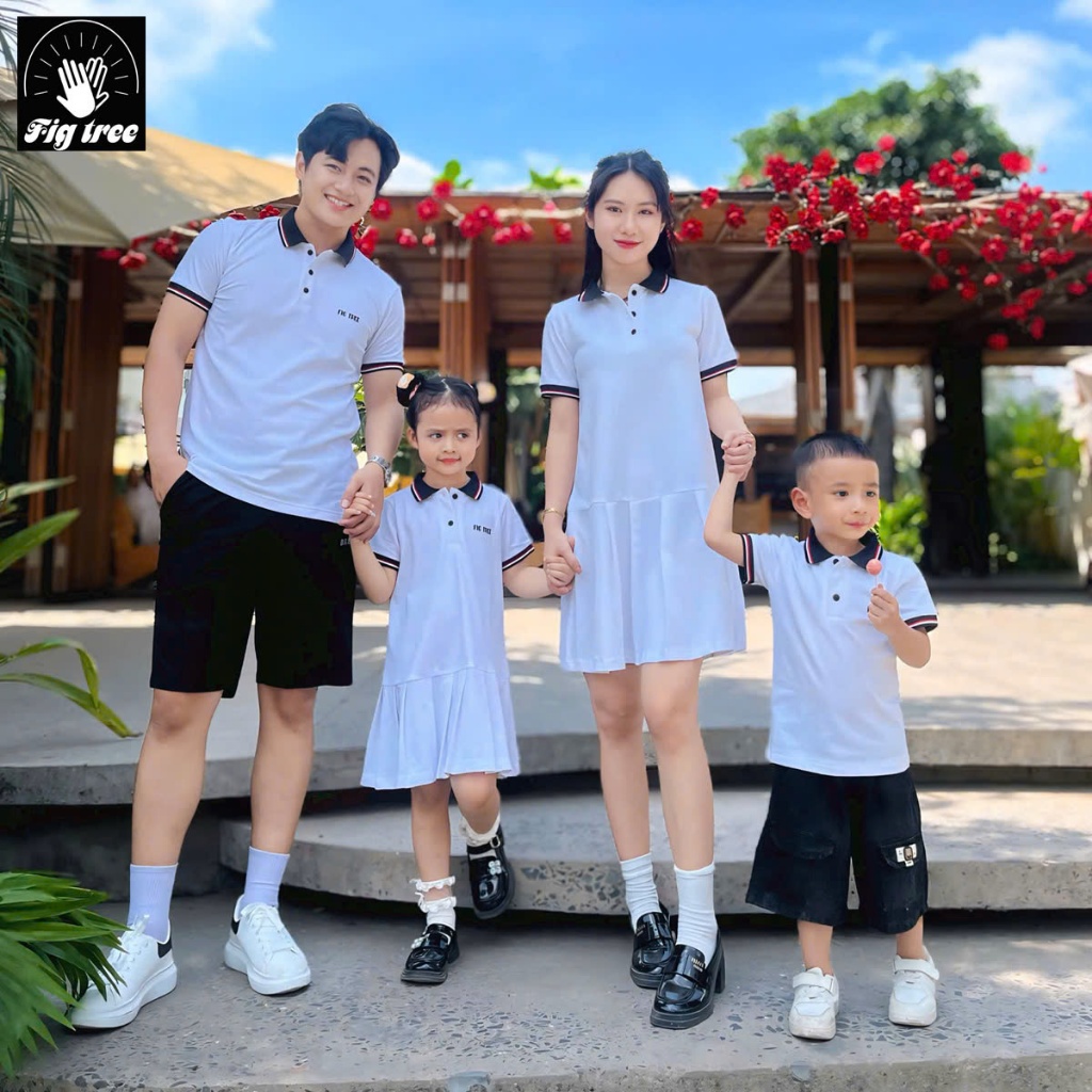 Combo Đồng Phục Gia Đình Fig Tree Áo Váy Thun Polo Cá Sấu Màu Trắng Du Lịch Siêu Dễ Thương