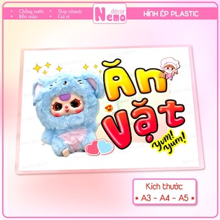 Tranh Trang Trí Quán, Hình Ép Plastic ĂN VẶT Baby Three, Bé Ba Decor Quán Ăn, Trà Sữa, Cà Phê - Size A3, A4, A5.