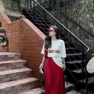 Set váy nữ áo thun trắng form rộng tay lỡ in chữ ngực phối chân váy maxi basic sang trọng,set tiểu thư cá tính HCOM25016