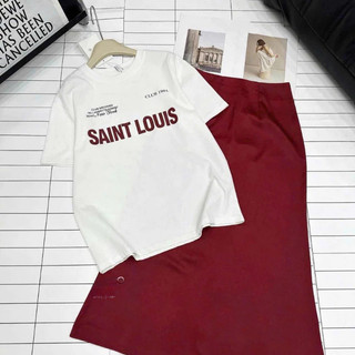 Set váy nữ áo thun trắng form rộng tay lỡ in chữ ngực phối chân váy maxi basic sang trọng,set tiểu thư cá tính HCOM25016