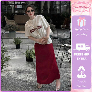 Set váy nữ áo thun trắng form rộng tay lỡ in chữ ngực phối chân váy maxi basic sang trọng,set tiểu thư cá tính HCOM25016