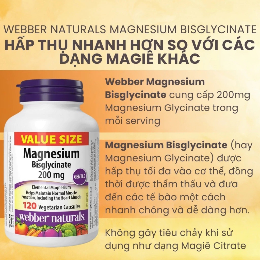 Ảnh Viên uống Magie hỗ trợ sức khoẻ Magnesium Bisglycinate Webber Naturals 200mg 120 viên 3