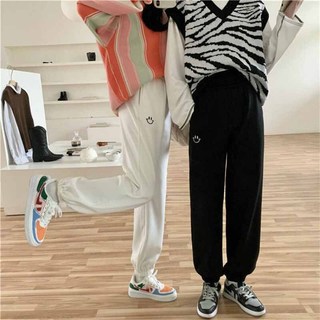Quẩn dài nỉ bông thêu mặt cười cute nam nữ cạp chun BO suông ống bo kiểu dáng basic đen xám trắng SSL