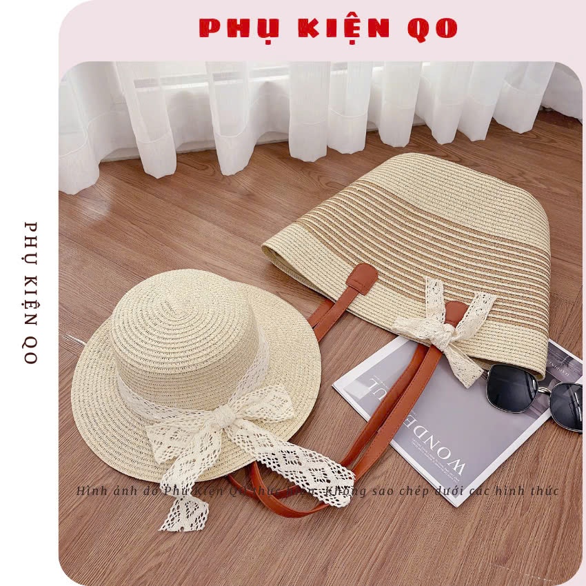 [MỞ BÁN] Túi Cói - Mũ Cói Đi Biển Rộng Vành Sóng Phối Nơ Xinh T17M17