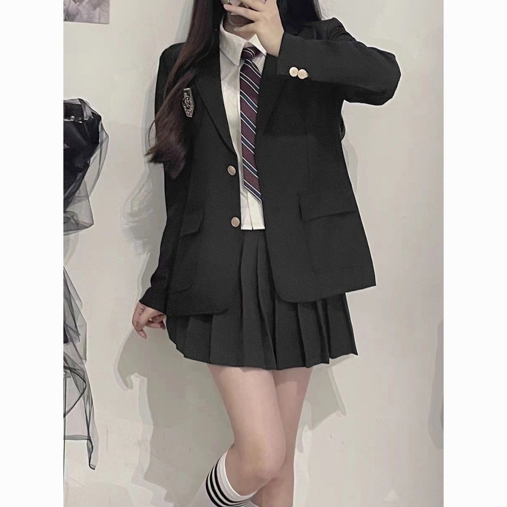 Áo blazer nữ dáng vừa màu đen trơn kiểu đồng phục học sinh có đệm vai ABLZ010 - Tiktik