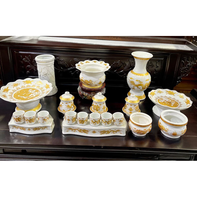 Bộ Đồ Thờ Cúng Rồng Trắng Cao Cấp Loại 1 - Lư Hương - Bình bông - Đĩa Trái cây - Bi Có Nắp - Chum Nước