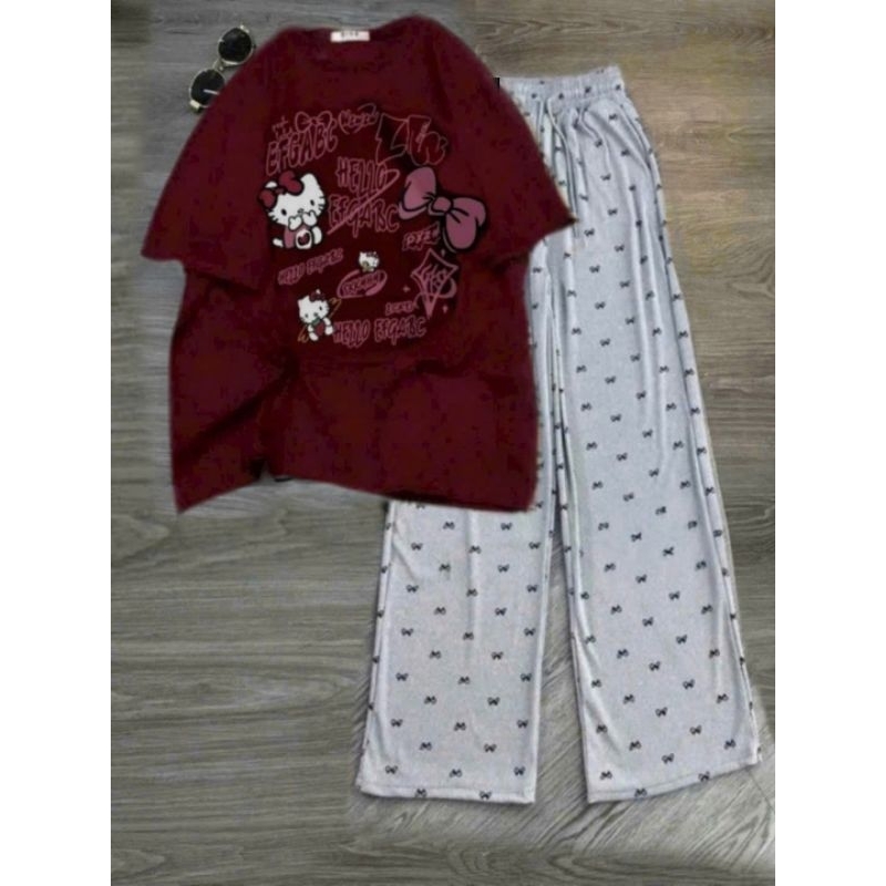 Tổng Hợp Các Sét Quần  ống Rộng Họa Tiết Nơ  + Mix Áo Phông Mèo Hê Lô Kít TYY Form Rộng Unisex
