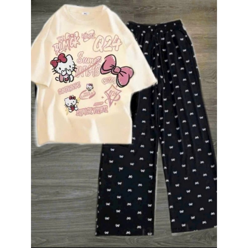 Tổng Hợp Các Sét Quần  ống Rộng Họa Tiết Nơ  + Mix Áo Phông Mèo Hê Lô Kít TYY Form Rộng Unisex