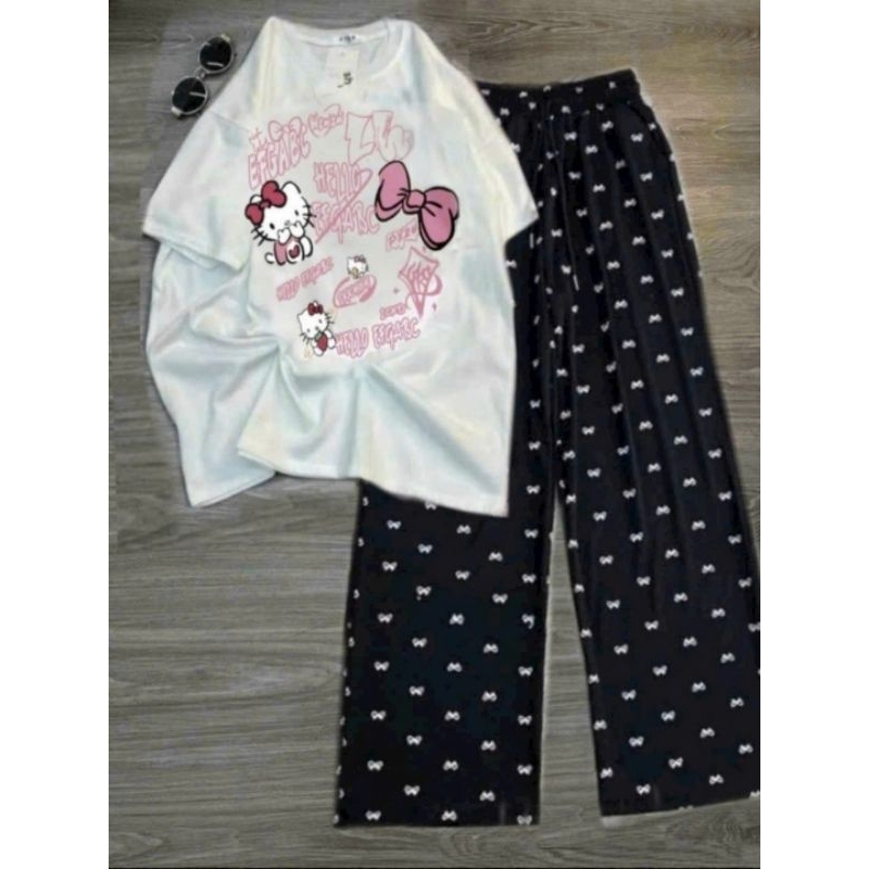 Tổng Hợp Các Sét Quần  ống Rộng Họa Tiết Nơ  + Mix Áo Phông Mèo Hê Lô Kít TYY Form Rộng Unisex