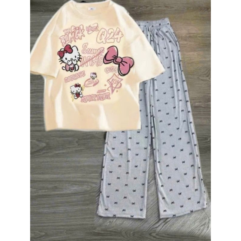 Tổng Hợp Các Sét Quần  ống Rộng Họa Tiết Nơ  + Mix Áo Phông Mèo Hê Lô Kít TYY Form Rộng Unisex