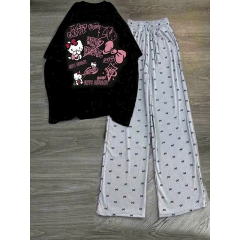 Tổng Hợp Các Sét Quần  ống Rộng Họa Tiết Nơ  + Mix Áo Phông Mèo Hê Lô Kít TYY Form Rộng Unisex