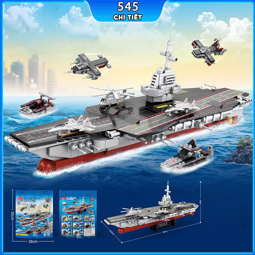 Bộ đồ chơi lắp ráp tàu chiến 545 chi tiết, mô hình lắp ráp tàu sân bay, xếp hình tàu đồ chơi cho bé trai