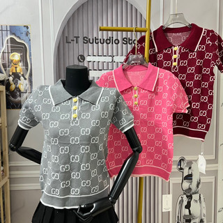 Áo len nữ polo cổ bẻ cộc tay hoạ tiết fom ôm vừa free size 862