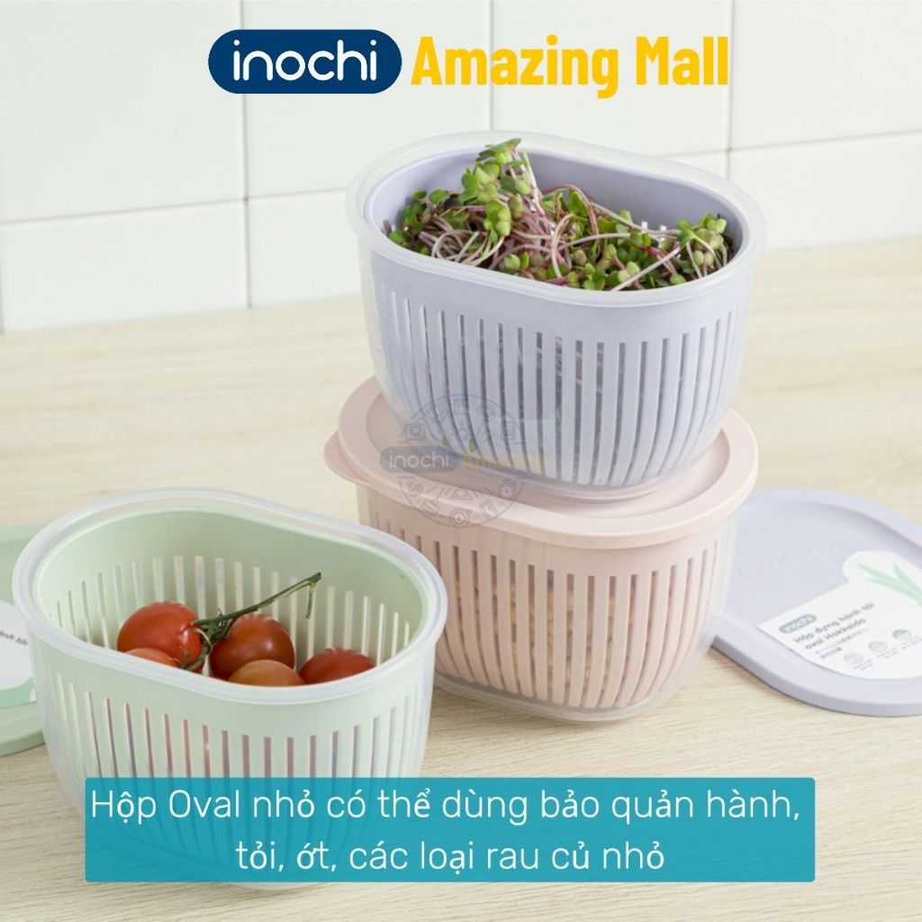 [MỚI VỀ] Hộp trữ rau củ oval Inochi, có rổ lưới tách nước giữ rau củ luôn tươi mới