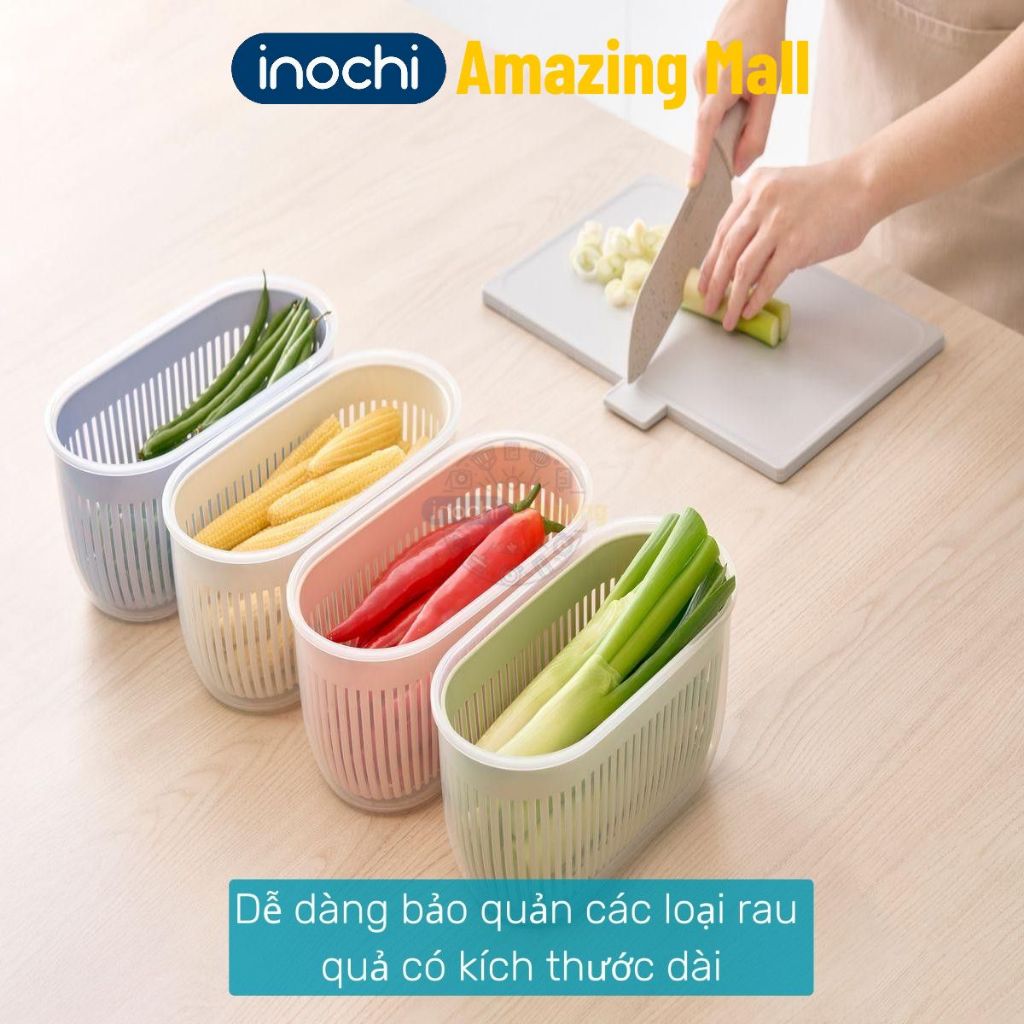[MỚI VỀ] Hộp trữ rau củ oval Inochi, có rổ lưới tách nước giữ rau củ luôn tươi mới