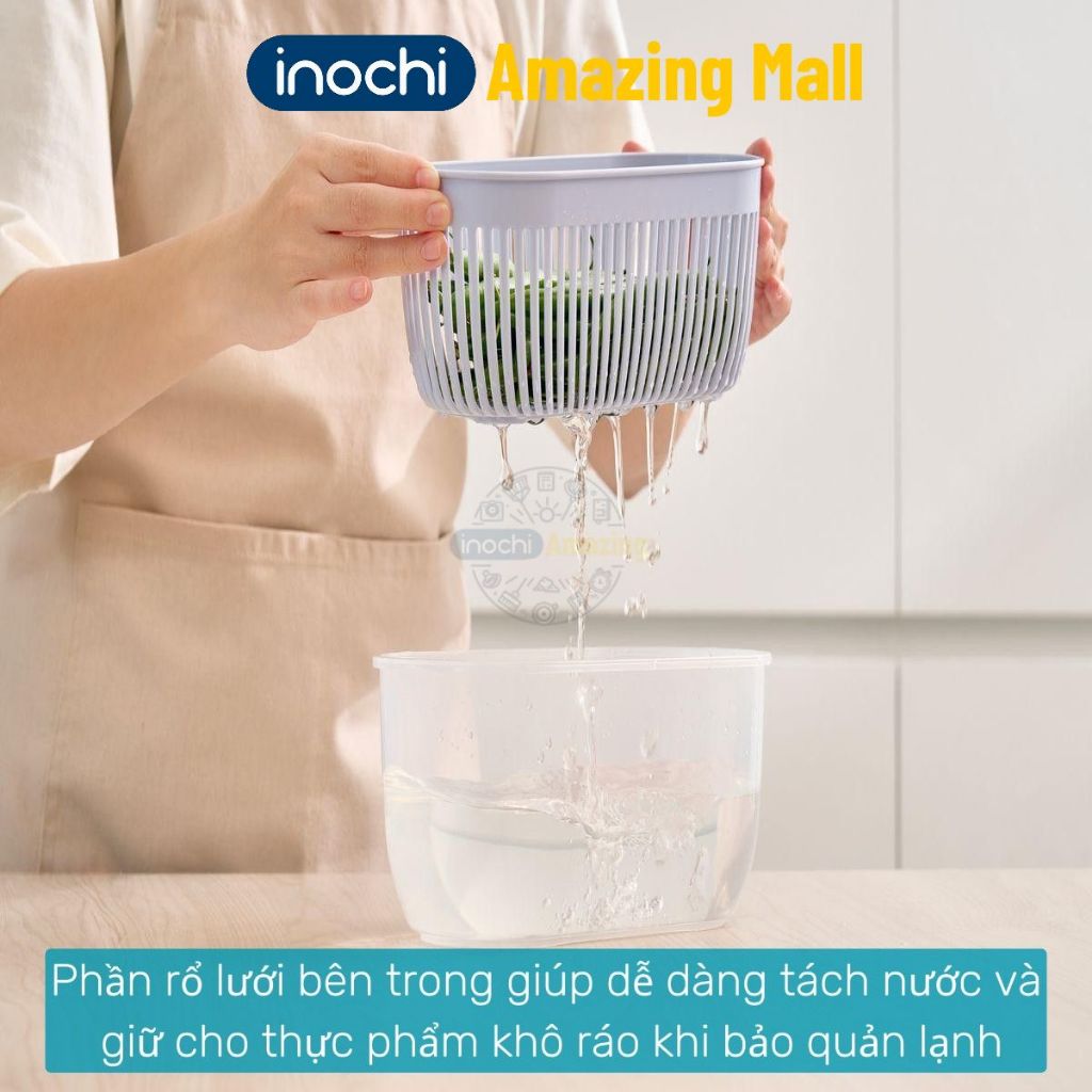 [MỚI VỀ] Hộp trữ rau củ oval Inochi, có rổ lưới tách nước giữ rau củ luôn tươi mới