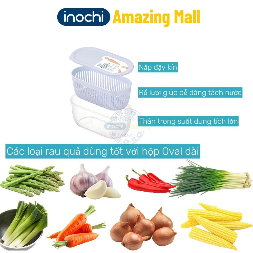 [MỚI VỀ] Hộp trữ rau củ oval Inochi, có rổ lưới tách nước giữ rau củ luôn tươi mới