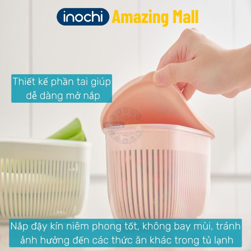 [MỚI VỀ] Hộp trữ rau củ oval Inochi, có rổ lưới tách nước giữ rau củ luôn tươi mới