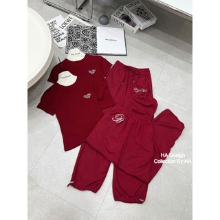 Set Bộ Thể Thao Nữ Bad Blood Áo Thun Ngắn Tay Thêu Chữ Dáng Ngắn Ôm Babytee Kèm Quần Jogger Bo Gấu Dây Rút QCCC Cao Cấp
