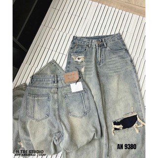 Quần Jean Nữ Baggy Rách Gối Lưng Cạp Cao Trơn Basic Xinh Xắn Trẻ Trung QCCC Cao Cấp
