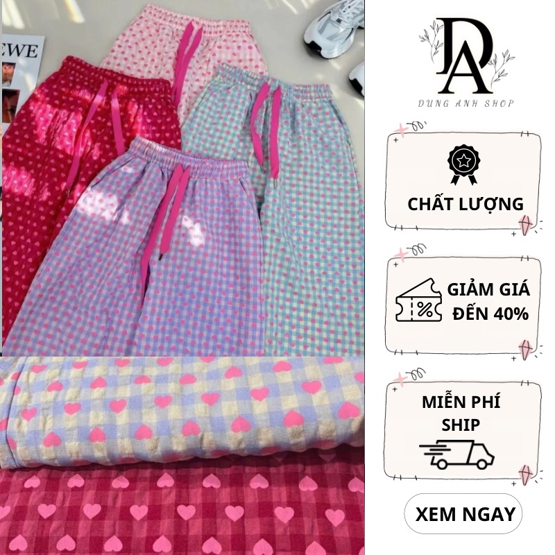 [Combo 2 chiếc] Quần ống rộng nữ họa trái tim chất vải đũi xốp mềm mại thoáng mát hot 2025