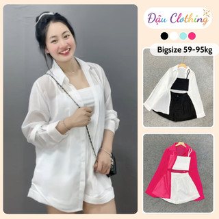 SET Sơ Mi 3 Món Bigsize Nữ (Áo Sơ Mi Voan + Áo Dây + Quần Đùi) Đi Biển Mặc Mát Cho Chubby SET967