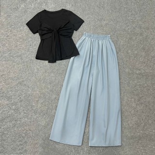 Set đồ bigsize nữ áo thun kiểu xoắn ngực hình nơ điệu đà co giãn phối quần lụa ống xuông lưng chun tôn dáng -SET968