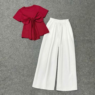 Set đồ bigsize nữ áo thun kiểu xoắn ngực hình nơ điệu đà co giãn phối quần lụa ống xuông lưng chun tôn dáng -SET968