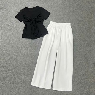 Set đồ bigsize nữ áo thun kiểu xoắn ngực hình nơ điệu đà co giãn phối quần lụa ống xuông lưng chun tôn dáng -SET968