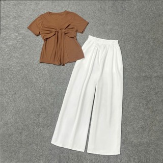 Set đồ bigsize nữ áo thun kiểu xoắn ngực hình nơ điệu đà co giãn phối quần lụa ống xuông lưng chun tôn dáng -SET968