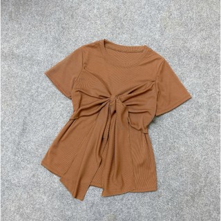 Set đồ bigsize nữ áo thun kiểu xoắn ngực hình nơ điệu đà co giãn phối quần lụa ống xuông lưng chun tôn dáng -SET968