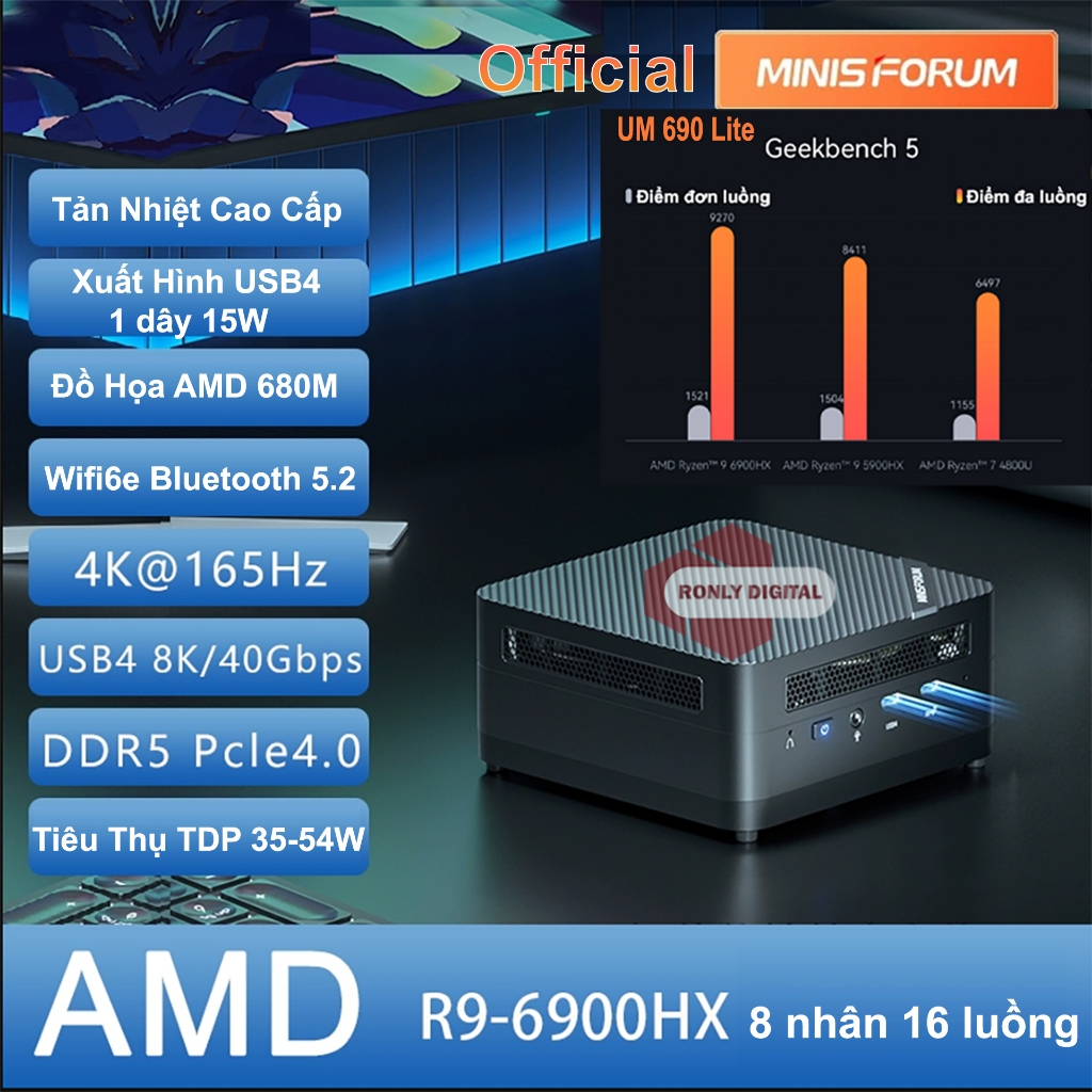 Mini PC AMD UM690 Lite, MinisForum, venus series, AMD Ryzen 9 6900HX ...