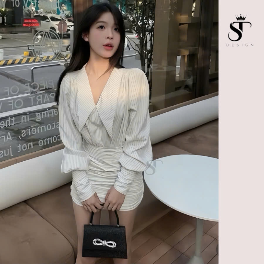 Set váy sơ mi dài tay  cổ sen chân váy xếp ly nhún eo di tiệc - Hàng thiết kế - ST DESIGN