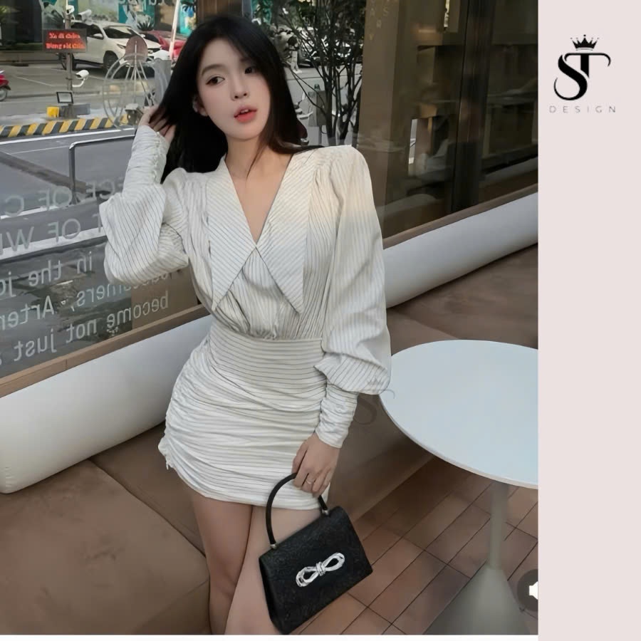Set váy sơ mi dài tay  cổ sen chân váy xếp ly nhún eo di tiệc - Hàng thiết kế - ST DESIGN