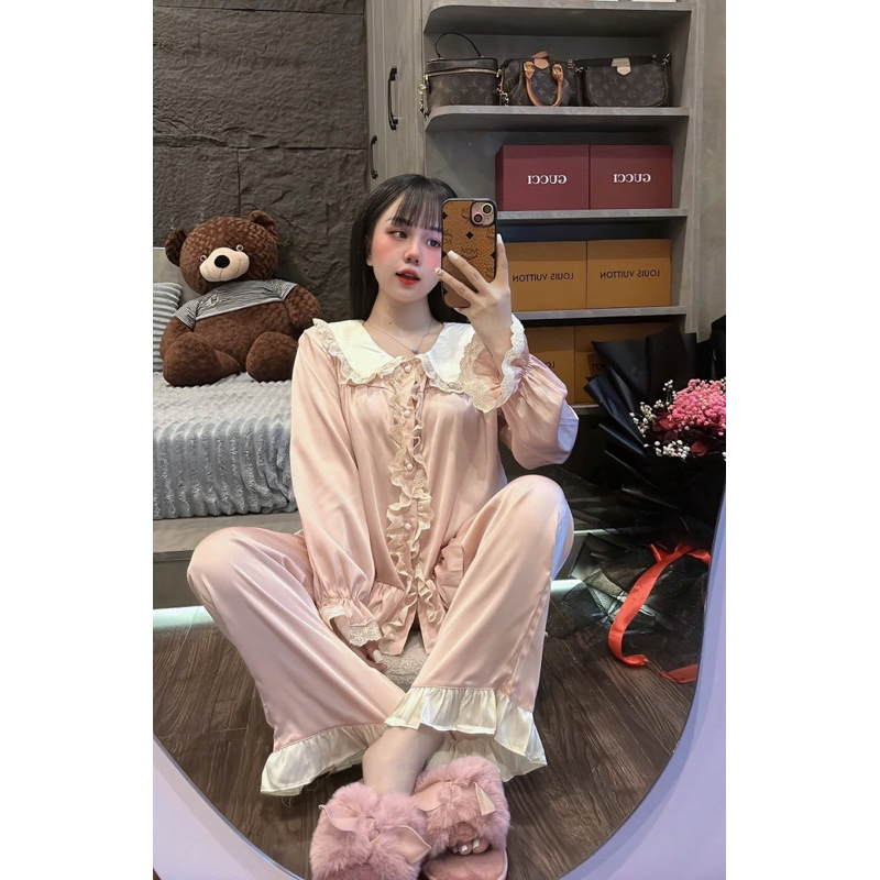 Set lụa tay dài phối ren bèo lụa satin | Shopee Việt Nam