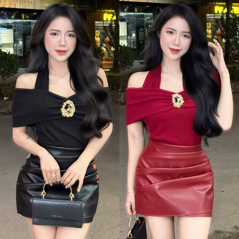Áo trễ vai cổ yếm dáng dài và dáng cộc tay chất co giãn xinh xỉu kèm tag cài chất tăm hàn dày dặn hàng có sẵn