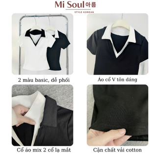Áo Thun Cotton Nữ Cộc Tay MiSoul Cổ V Phối 2 Màu Basic Dáng Ôm Tôn Dáng BigSize, Áo Cộc Tay Cổ V 400