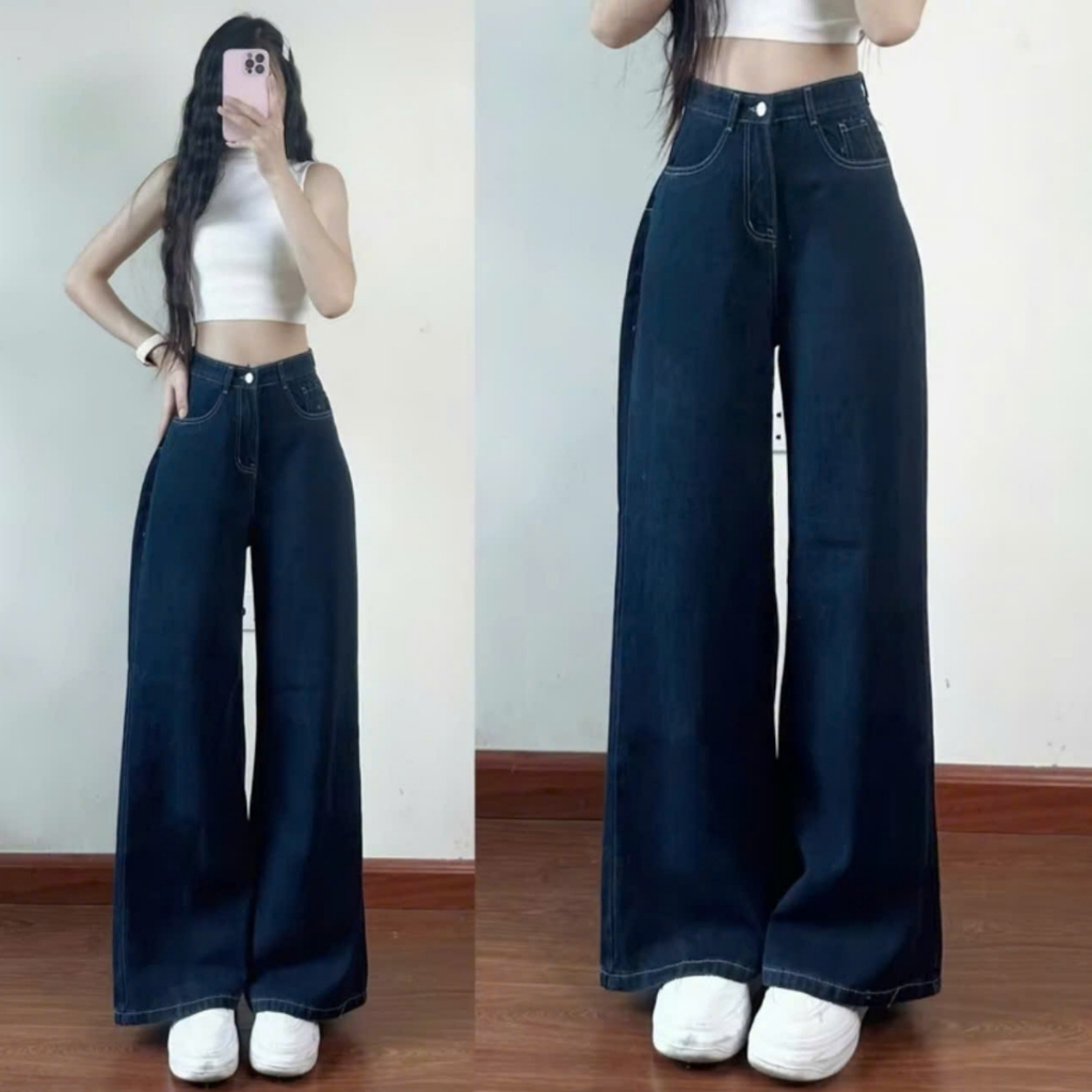Ảnh Quần Jean Bigsize Nữ Ống Suông Rộng Cạp Cao Chất Jean Viền Chỉ Trắng Không Co Giãn 50-95kg Q533 1