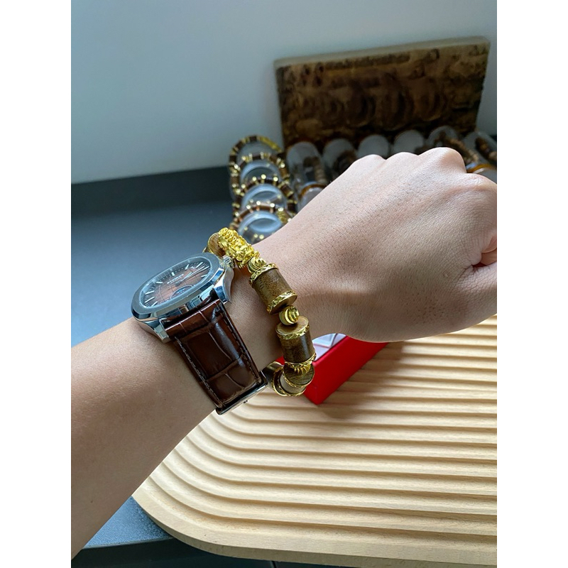 Vòng tay trầm hương đốt trúc bọc khoen xi mix tỳ hưu trầm tốc vườn