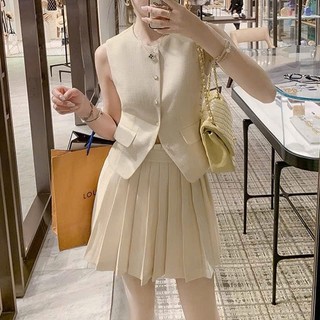 Set Bộ Đồ Nữ Áo Gile 2 Nắp Túi Mix Chân Váy Xếp Ly 2 Lớp