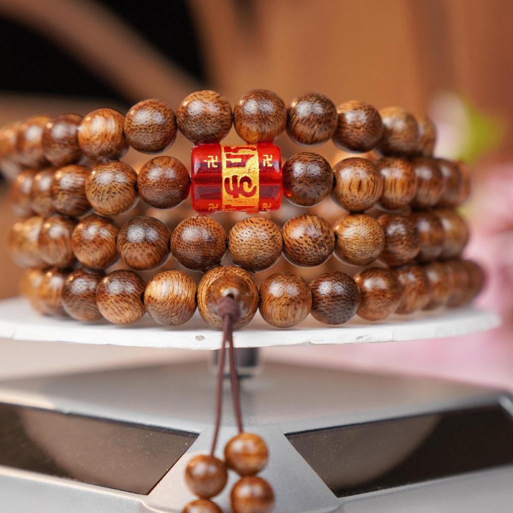 Vòng Trầm Hương 108 Om Mani Padme Hum - Trầm Tốc Tự Nhiên -  Trầm Hương Yên Lộc - (Mua một, tặng một Hộp , dây dự phòng)