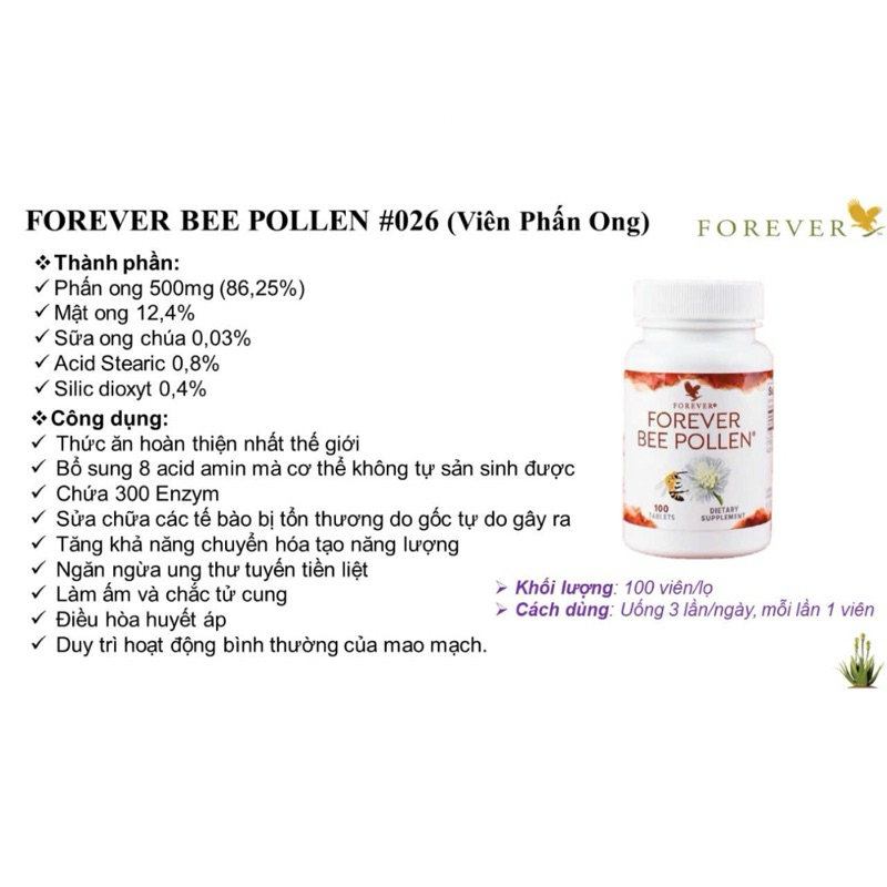 Viên phấn ong #026Flp Lô Hội. Forever Bee Pollen. Hỗ trợ nội tiết, tăng đề kháng. Lọ 100 viên