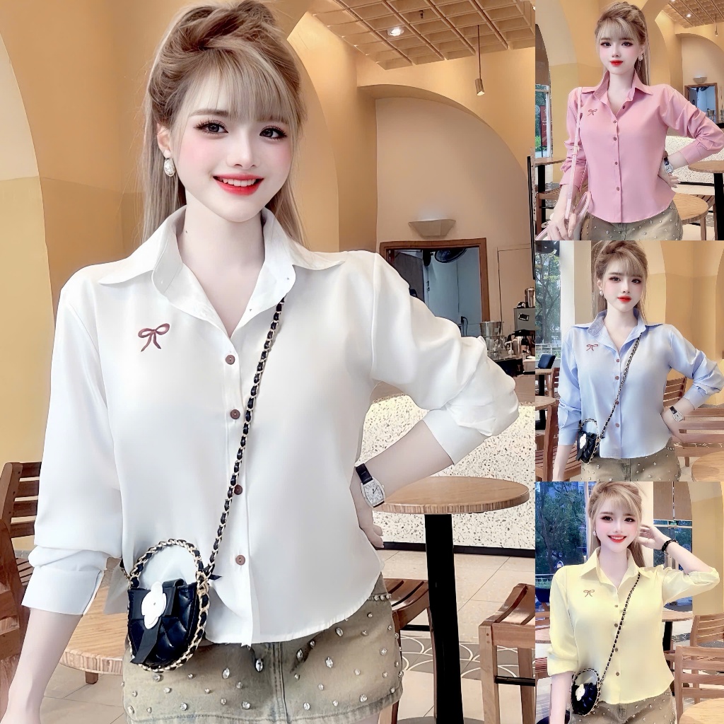 Áo sơ mi thêu nơ, áo sơ mi tay dài nhiều màu